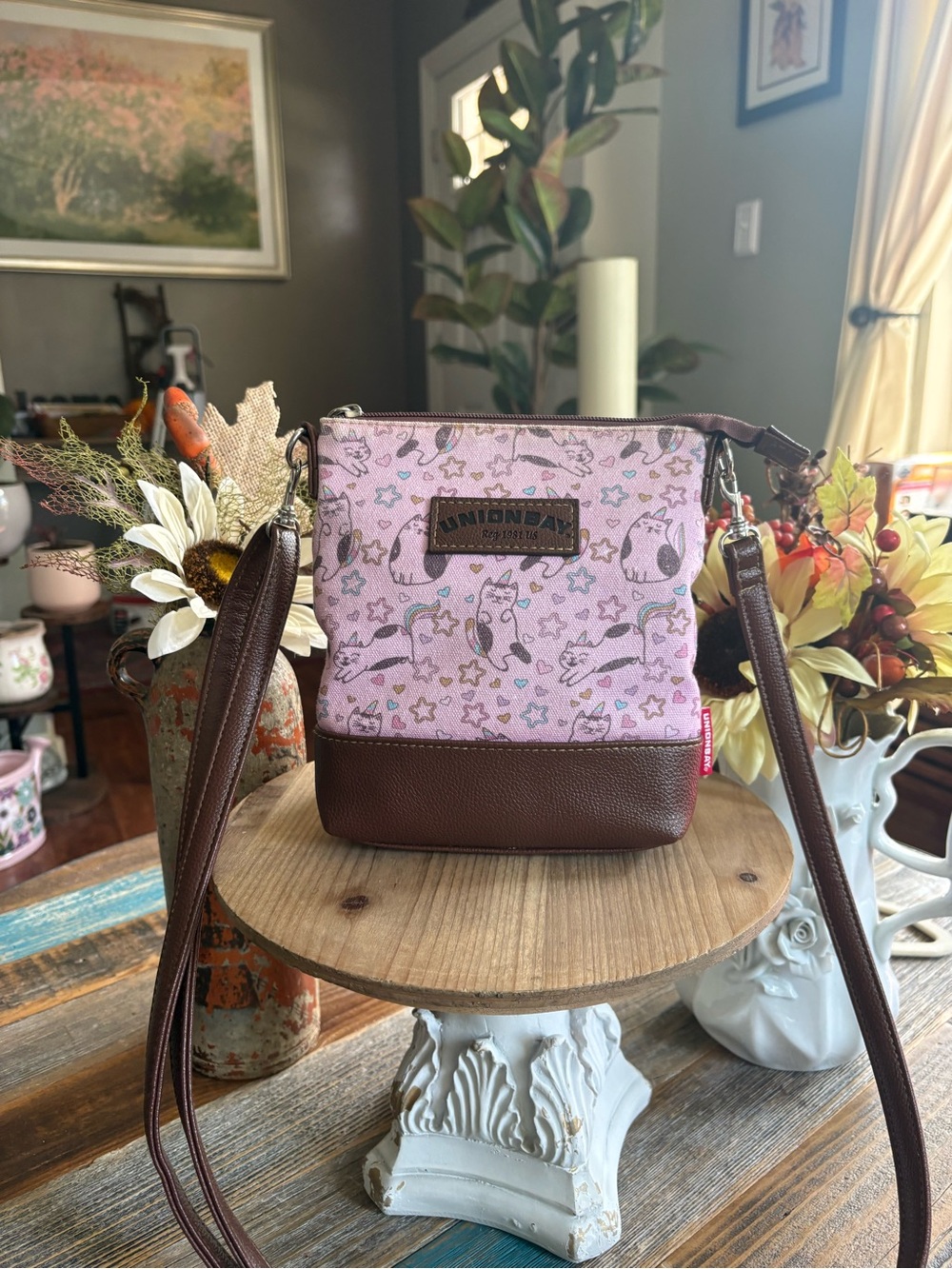UNIONBAY Pink Cat Rainbow Crossbody Bag Brown Trim Kawaii Y2K Purse